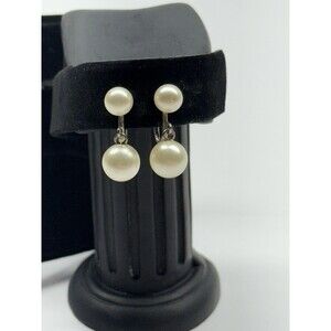 Faux Pearl Drop Earrings Screw Back Silver Tone Double Pearl 1” Dangle Vintage